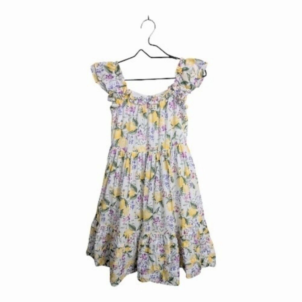 Janie And Jack Girls Cotton Floral & Lemons Dress Yellow Purple Spring Easter 10